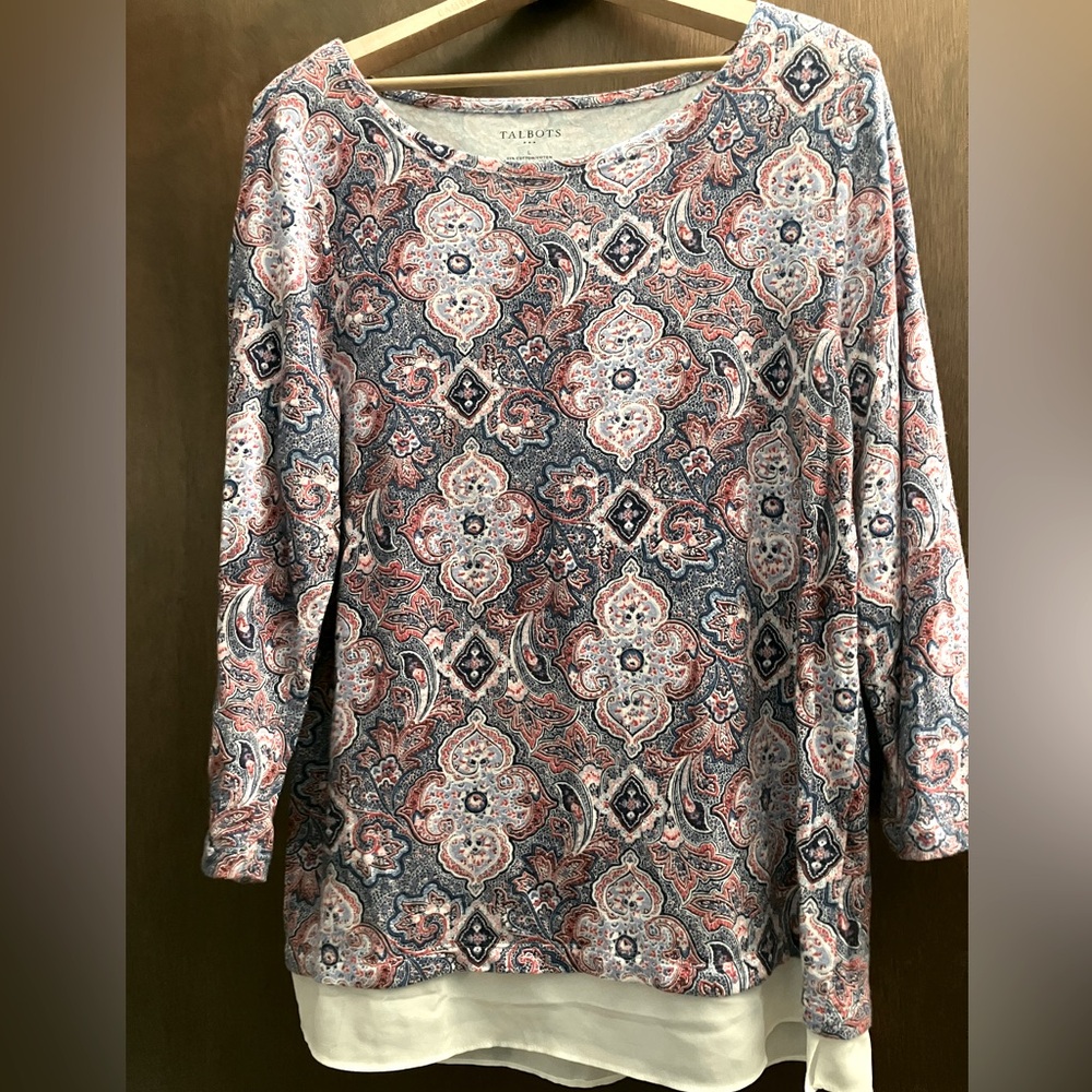 Talbots Floral Medallion Pattern Top Size Large 3/4 Sleeves Blue Red Pink White